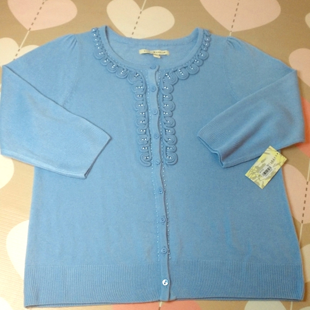 Debbie Morgan 3/4 sleeve embellished button up sweater. Size L